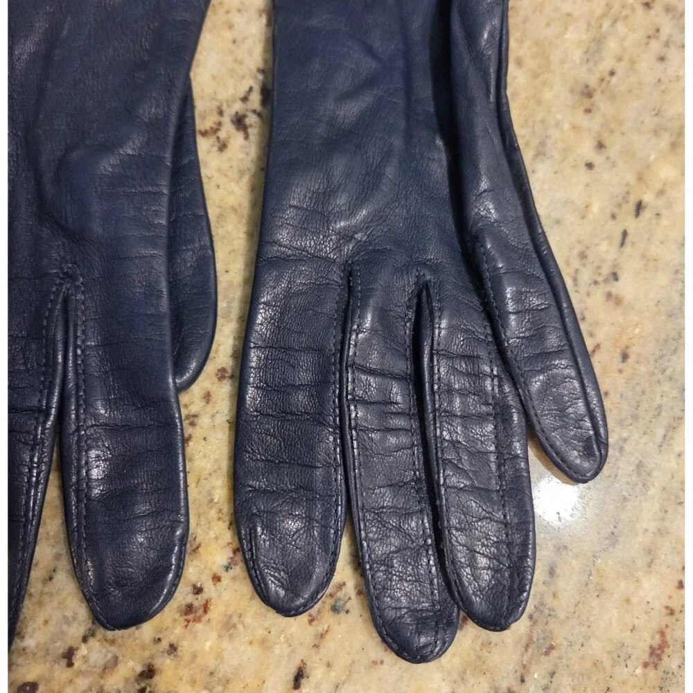 Vintage Womens Size S 6.5 Blue Leather Lined Gloves Saks 5th Ave